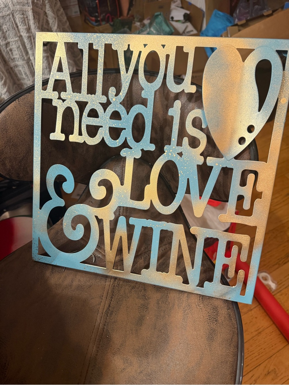 All You Need Is Love & Wine Metal Wall Art - teal/gold splash